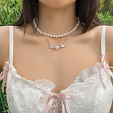 Boho Layered Duo Swift Pendant Pearl Chain Choker Necklace Set