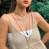 Boho Layered Natural Healing Crystal Family Tree Moon Feather Pendant Chain Necklace Set