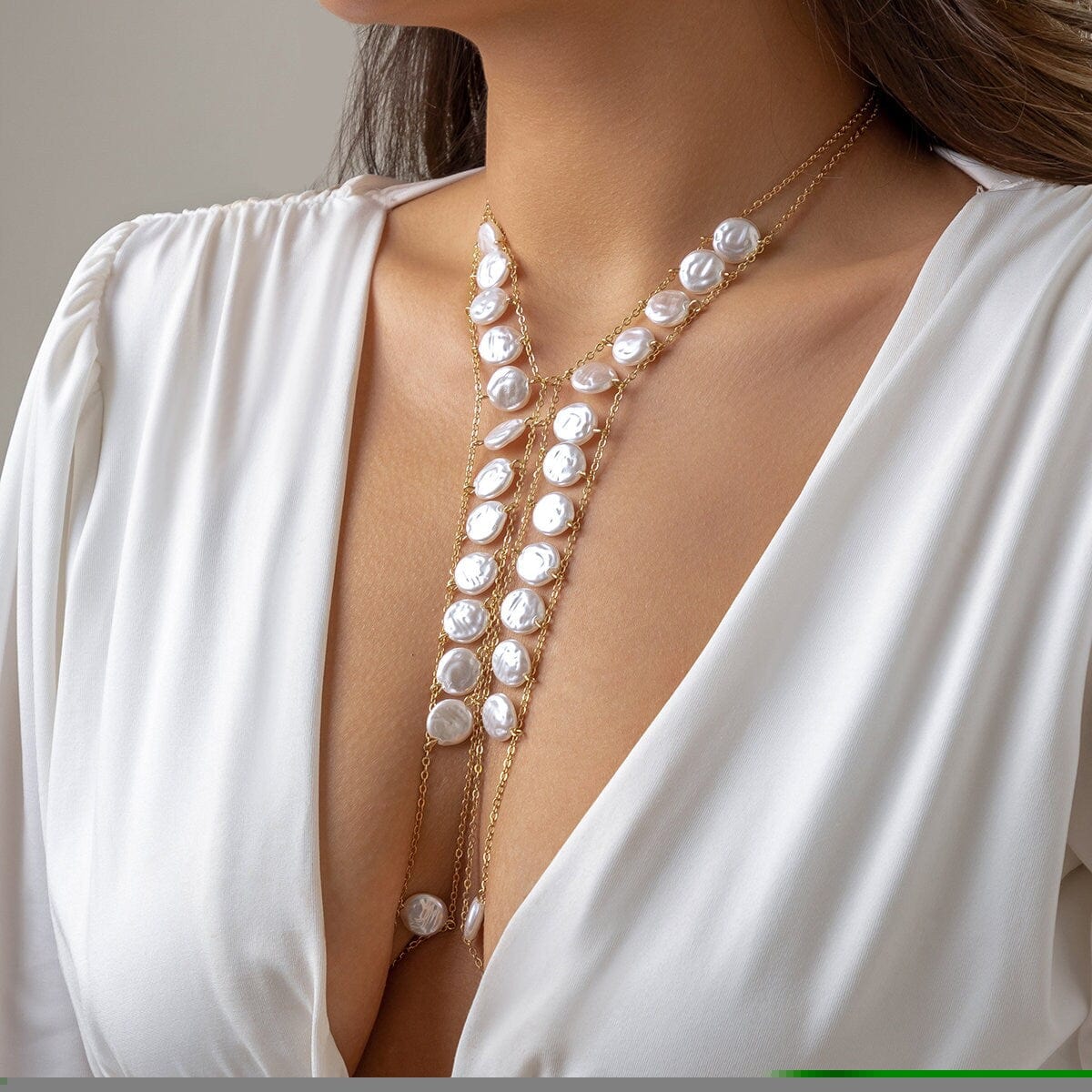Boho Layered Round Disk Pearl Body Chain Necklace