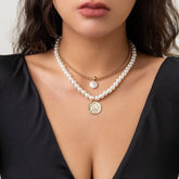 Boho Layered Round Disk Pearl Pendant Pearl Chain Choker Necklace Set