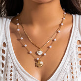 Boho Layered Sea Shell Pendant Pearl Chain Choker Necklace Set