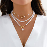Boho Layered Toggle Clasp Pearl Chain Choker Necklace Set