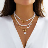 Boho Layered Toggle Clasp Spring Ring Pearl Chain Choker Necklace Set