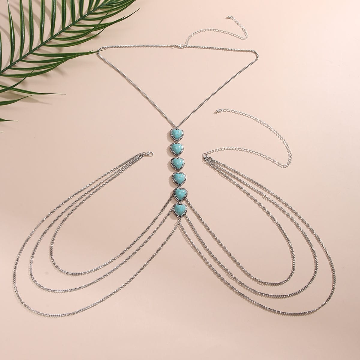 Boho Layered Turquoise Heart Crossover Bikini Body Chain Necklace