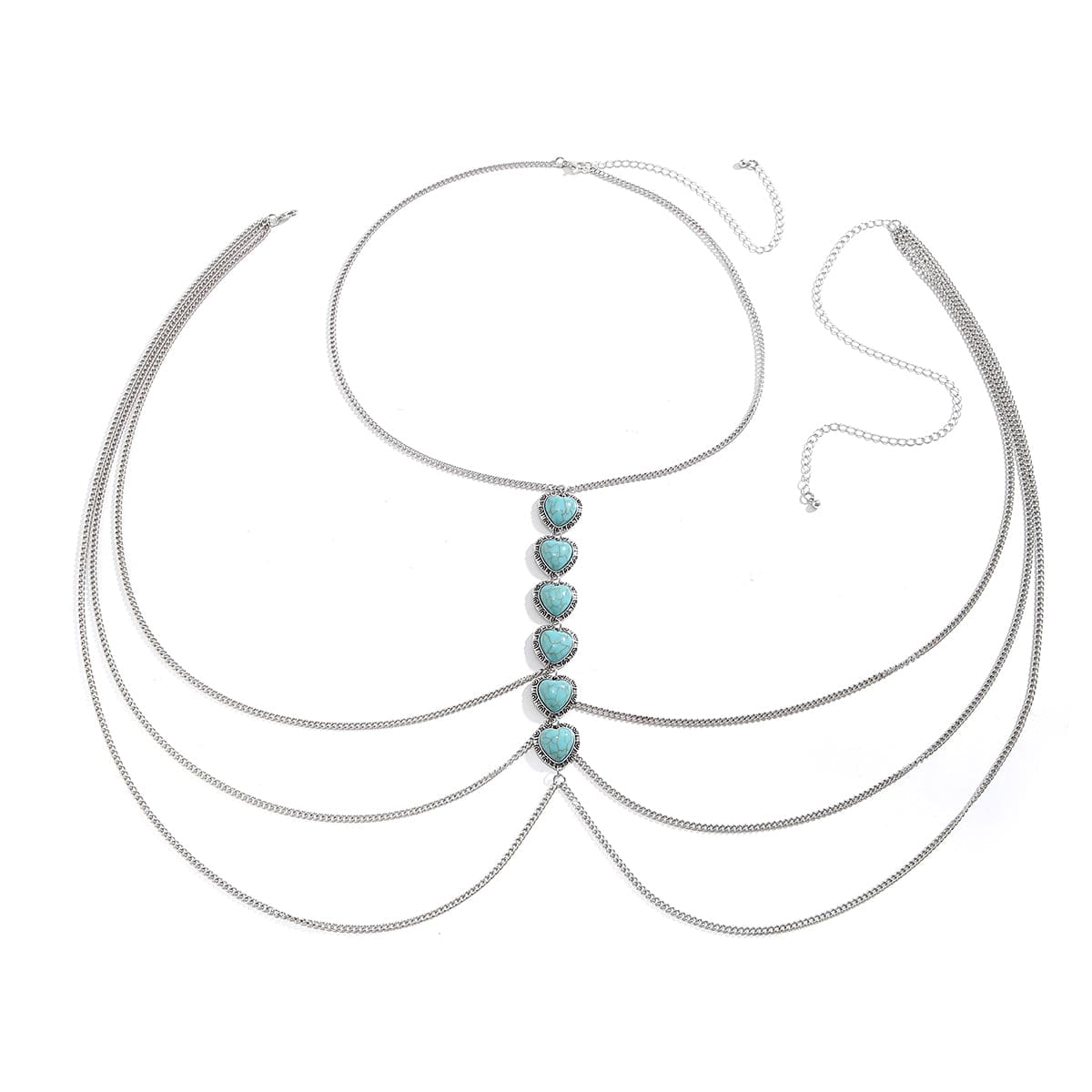 Boho Layered Turquoise Heart Crossover Bikini Body Chain Necklace