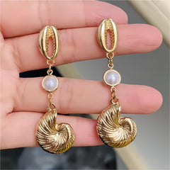 Boho Pearl Charm Metallic Conch Shell Earrings