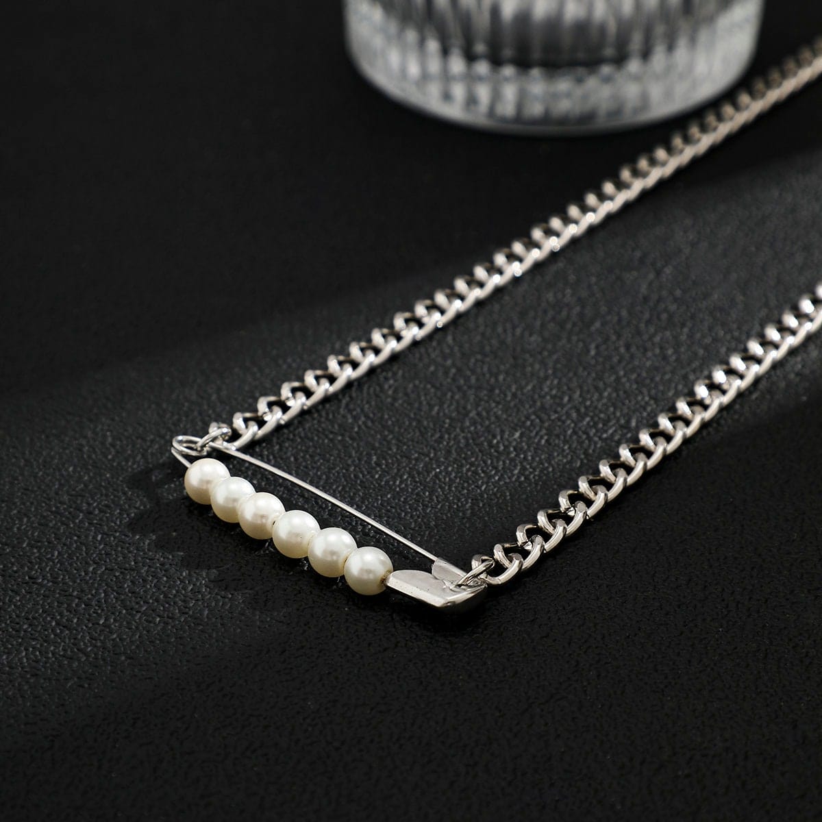 Boho Pin Pearl Charm Curb Chain Choker Necklace