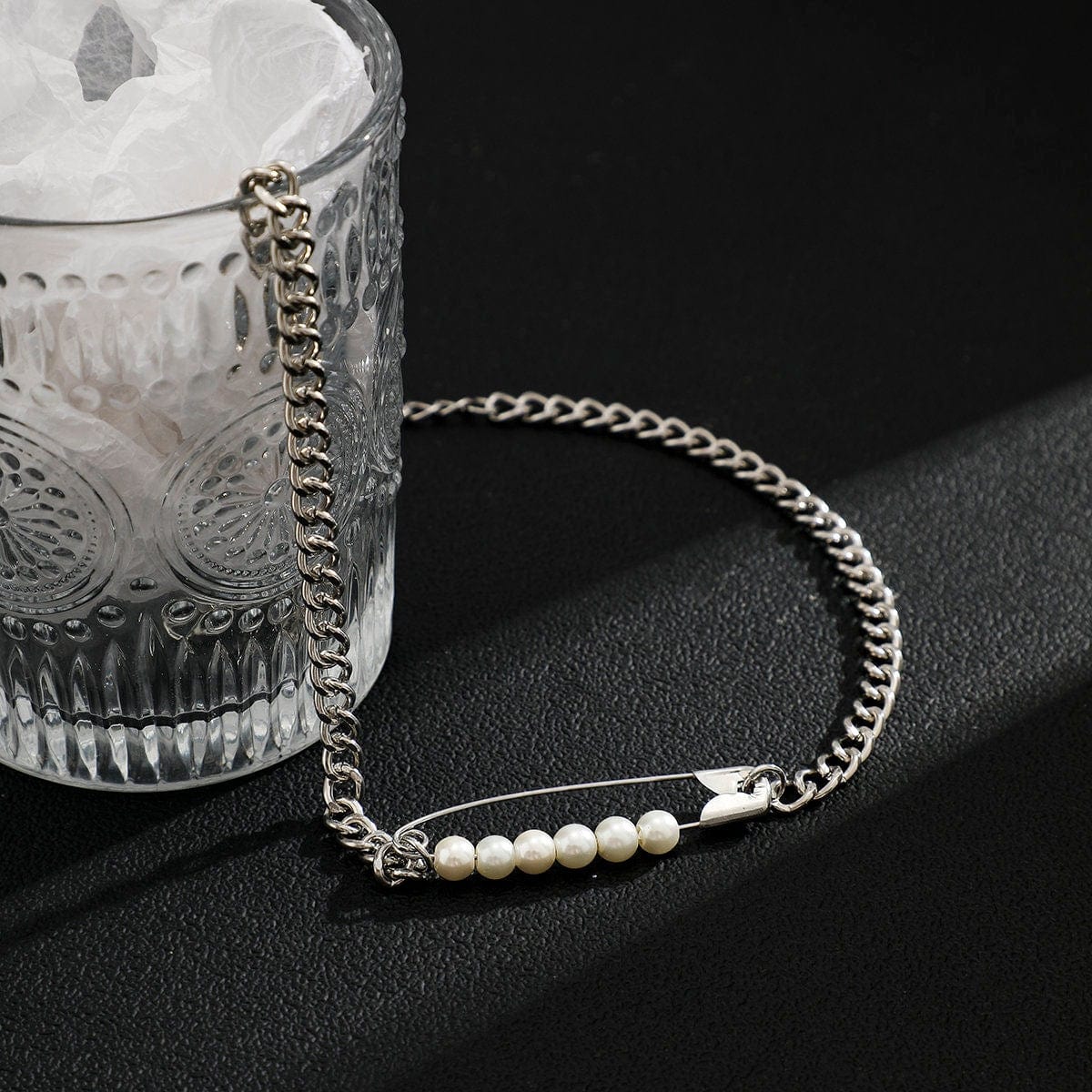 Boho Pin Pearl Charm Curb Chain Choker Necklace