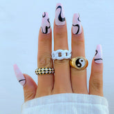 Chic 3 Pieces Geometric Enamel Yin Yang Checker Ring Set