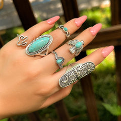 Chic 6 Pieces Antique Silver Embossed Pattern Turquoise Ring Set