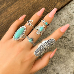 Chic 6 Pieces Antique Silver Embossed Pattern Turquoise Ring Set