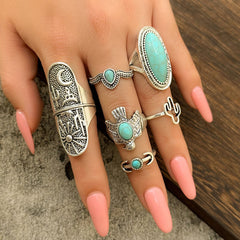 Chic 6 Pieces Antique Silver Embossed Pattern Turquoise Ring Set