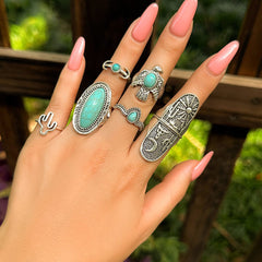 Chic 6 Pieces Antique Silver Embossed Pattern Turquoise Ring Set