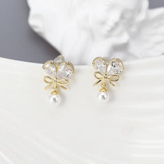 Chic Crystal Bowknot Heart Dangle Pearl Earrings