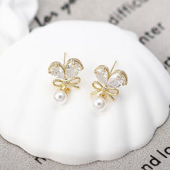 Chic Crystal Bowknot Heart Dangle Pearl Earrings