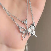 Chic Crystal Inlaid Layered Antique Silver Butterfly Necklace
