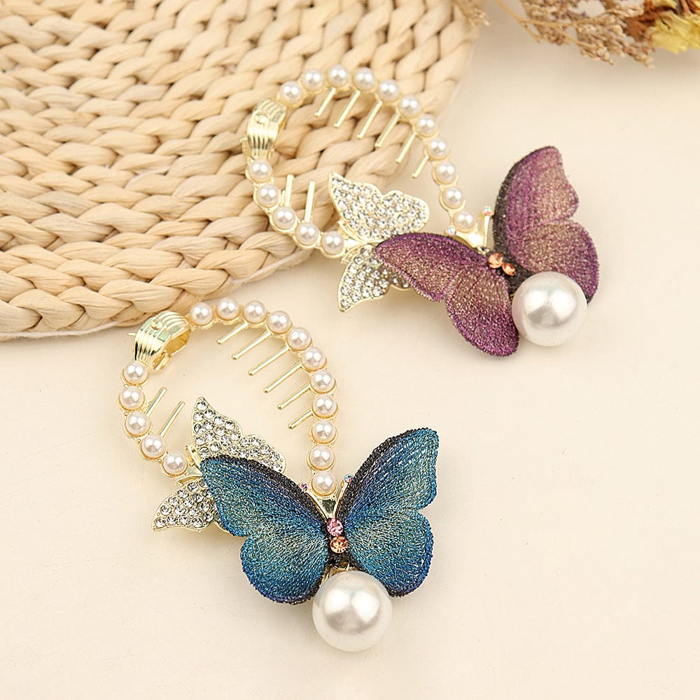 Chic CZ Inlaid Butterfly Pearl Chignon Hair Claw Clip