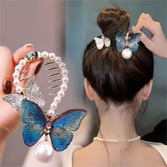 Chic CZ Inlaid Butterfly Pearl Chignon Hair Claw Clip