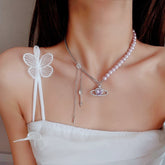 Chic CZ Inlaid Celestial Planet Heart Pendant Pearl Chain Necklace