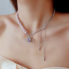 Chic CZ Inlaid Celestial Planet Heart Pendant Pearl Chain Necklace
