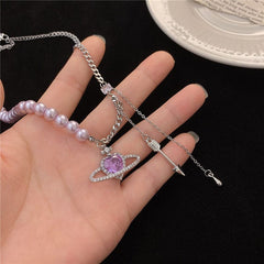 Chic CZ Inlaid Celestial Planet Heart Pendant Pearl Chain Necklace