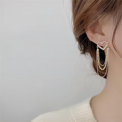 Chic CZ Inlaid Chain Tassel Heart Earrings