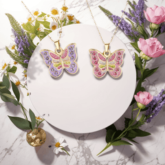 Chic CZ Inlaid Enamel Butterfly Matching Necklace