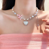 Chic CZ Inlaid Heart Locket Pendant Star Pearl Chain Necklace