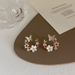 Chic CZ Inlaid Natural Pearl Shell Butterfly Floral Earrings