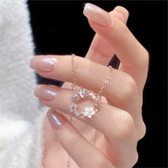 Chic CZ Inlaid Natural Pearl Shell Butterfly Floral Necklace