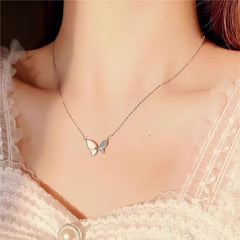 Chic CZ Inlaid Natural Pearl Shell Flapping Wings Butterfly Necklace