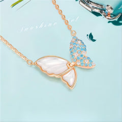 Chic CZ Inlaid Natural Pearl Shell Flapping Wings Butterfly Necklace