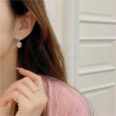 Chic CZ Inlaid Pink Crystal Dangle Heart Earrings