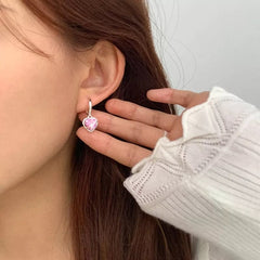 Chic CZ Inlaid Pink Crystal Dangle Heart Earrings