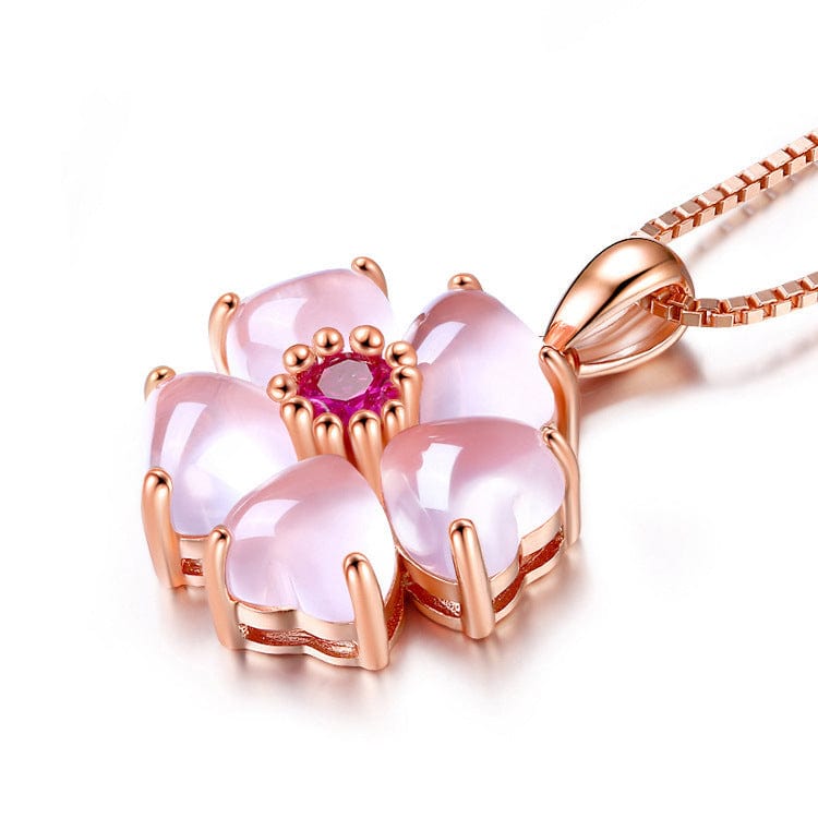 Chic CZ Inlaid Pink Opal Heart Cherry Blossom Pendant Necklace