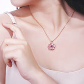 Chic CZ Inlaid Pink Opal Heart Cherry Blossom Pendant Necklace