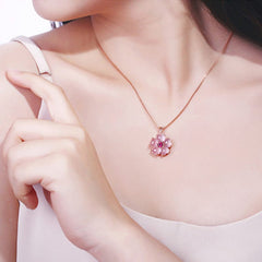 Chic CZ Inlaid Pink Opal Heart Cherry Blossom Pendant Necklace