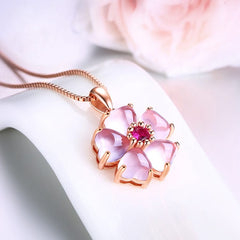 Chic CZ Inlaid Pink Opal Heart Cherry Blossom Pendant Necklace