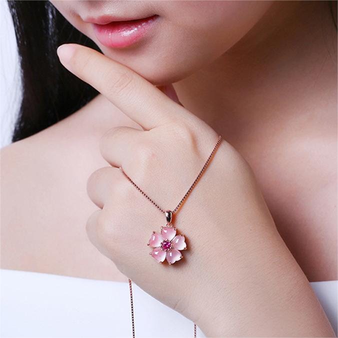 Chic CZ Inlaid Pink Opal Heart Cherry Blossom Pendant Necklace