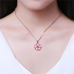 Chic CZ Inlaid Pink Opal Heart Cherry Blossom Pendant Necklace