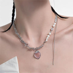 Chic CZ Inlaid Pink Strawberry Pendant Pearl Chain Choker Necklace