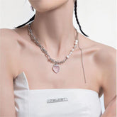 Chic CZ Inlaid Pink Strawberry Pendant Pearl Chain Choker Necklace