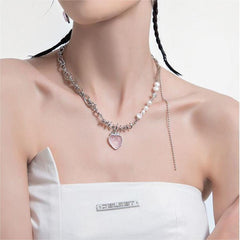 Chic CZ Inlaid Pink Strawberry Pendant Pearl Chain Choker Necklace