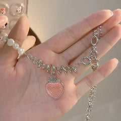 Chic CZ Inlaid Pink Strawberry Pendant Pearl Chain Choker Necklace