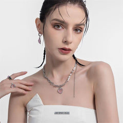 Chic CZ Inlaid Pink Strawberry Pendant Pearl Chain Choker Necklace