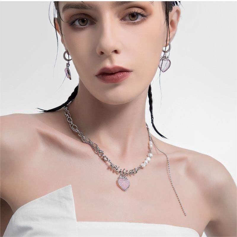 Chic CZ Inlaid Pink Strawberry Pendant Pearl Chain Choker Necklace