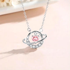 Chic CZ Inlaid Planet Dangle Heart Pendant Necklace