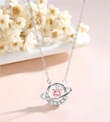 Chic CZ Inlaid Planet Dangle Heart Pendant Necklace