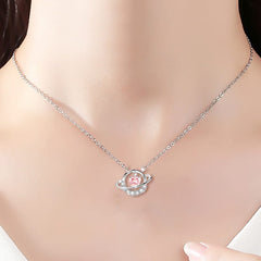 Chic CZ Inlaid Planet Dangle Heart Pendant Necklace