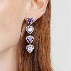 Chic CZ Inlaid Purple Crystal Heart Dangle Earrings